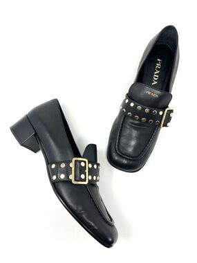 Prada Logo Black Leather Gold Studded Buckle Loafers Heels Shoes Chunky 39.5 9.5